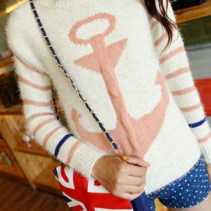 Navy Style Anchor Strip Print Soft Sweater - Pink..