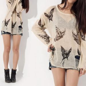 Punk Style Loose Fitting Frayed Butterfly Print..