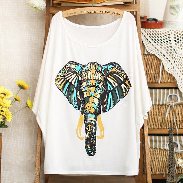 Fashion Elephant Floral Round Neck Short Sleeve T-shirt [grhmf26000157]