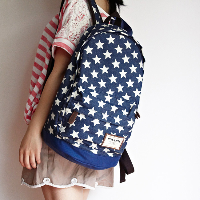Sweet European Style Star Print Denim Backpack - Dark Blue [grhmf22000111]