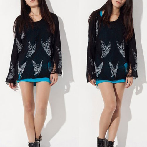 Punk Style Loose Fitting Frayed Butterfly Print Shirt - Black [grhmf260002081]