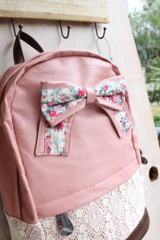 Fashion Cream Backpack With Red Floral Bow & Lace-pink