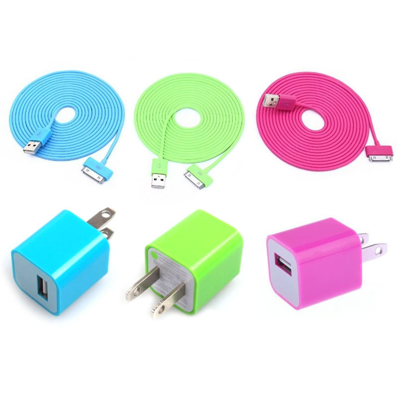 Total 6pcs/lot! Colouful 3pcs Usb Data Charging Cable Cord And 3pcs Usb Power Adapter Wall Charger For Iphone 4/4s